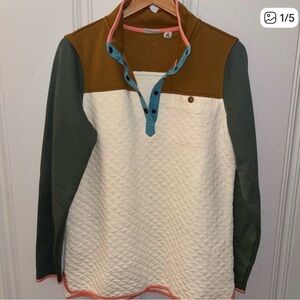 L.L. Bean women medium regular tan cream pink color block quilted snap pullover